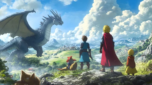 Heroic party confronting mountain dragon above valley kingdom