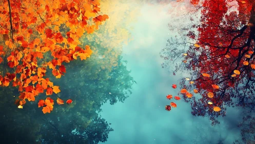 Autumn foliage reflects over tranquil cyan water surface