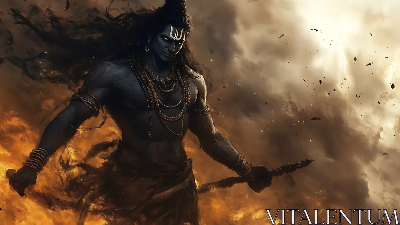 Dark blue warrior god figure walking through swirling fire.