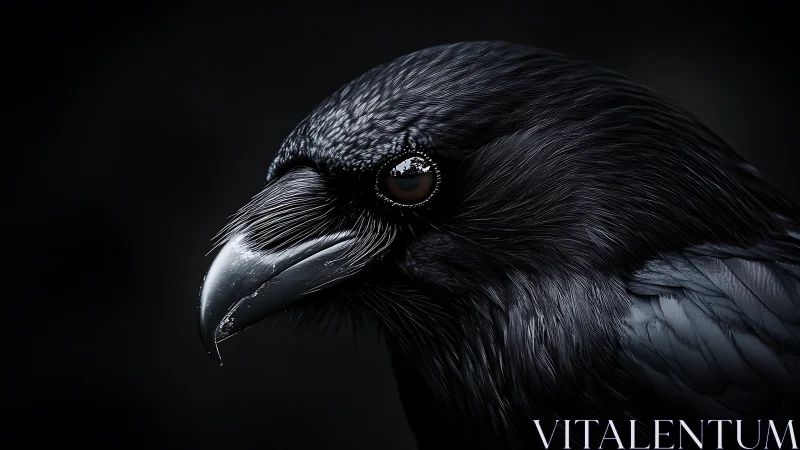 Glimmering raven portrait in soft midnight stillness.