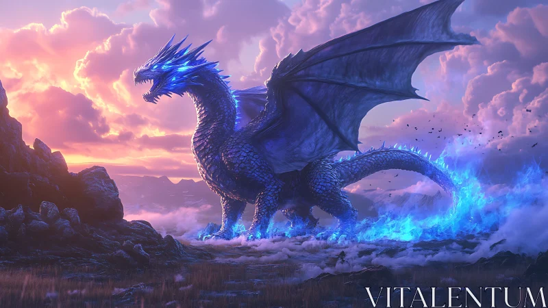Stormlit azure dragon strides through a wildfire of blue flame.