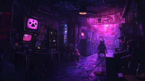 Neon lit cyberpunk alley with arcade screens and figures.