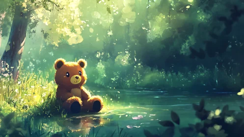 Teddy bear by sunlit forest stream in soft digital light.