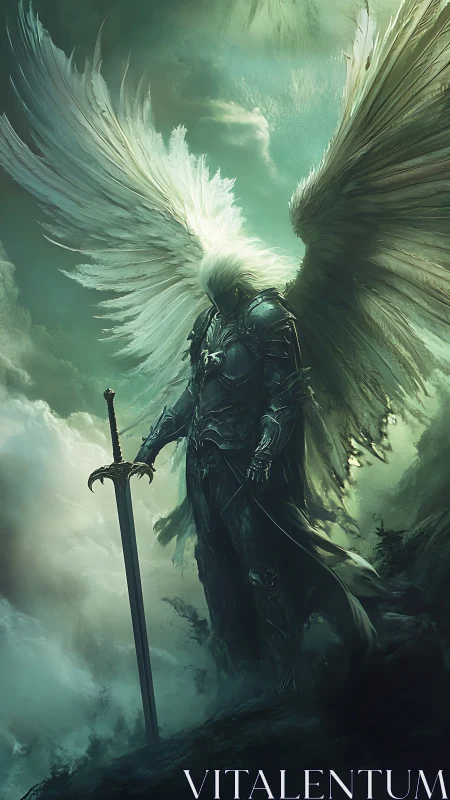 Celestial armored angel with vast wings in misted sky.