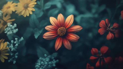 Coral-red Daisy with Golden Center Against Deep Teal Garden.