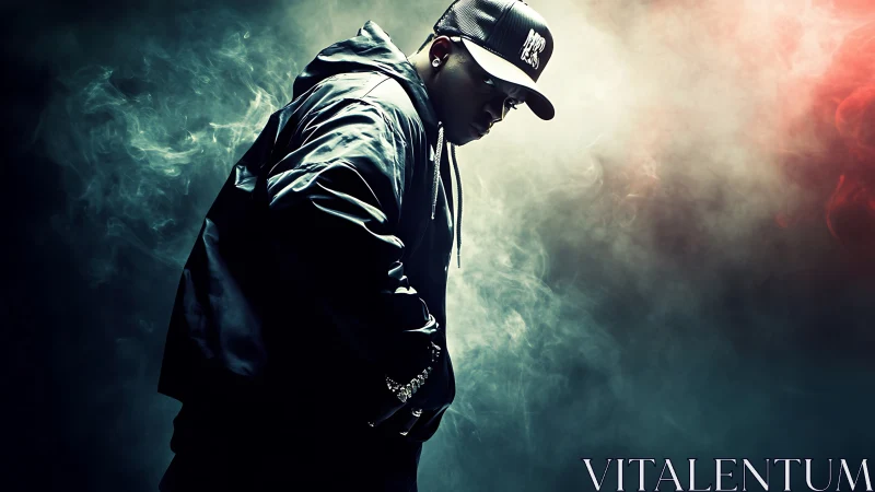 Photographic hip-hop portrait in cinematic rim lighting style.