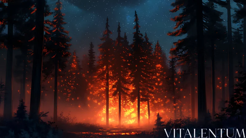 Forest fire at night with stars visible in dark sky above