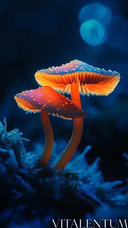 Bioluminescent forest mushrooms glowing in deep blue night.