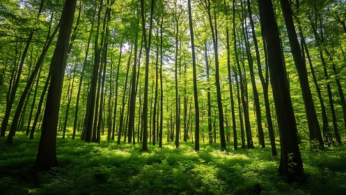 Sunlit Green Forest with Tall Trees in a Serene Natural Setting.