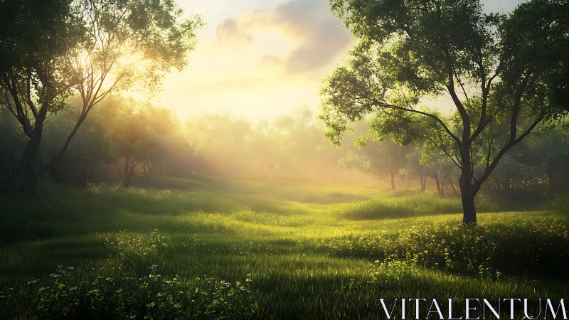 Golden hour sunlight diffuses across a tranquil forest meadow