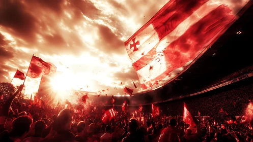 Crowded stadium crowd under large red flag at sunset.