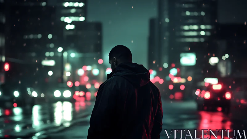 Solitary figure walks through neon soaked midnight city rain