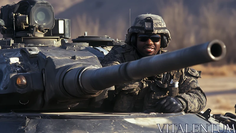 Tank commander in combat gear behind large main gun.