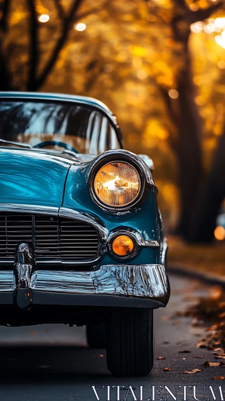 Vintage teal sedan close-up against glowing autumn trees.