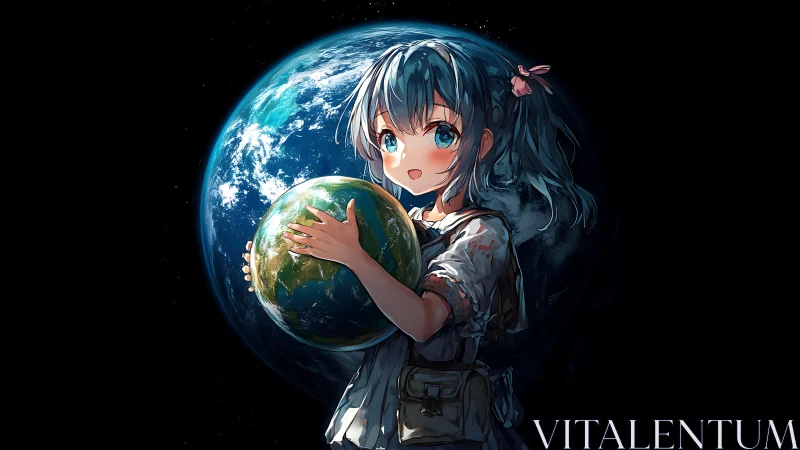 Anime girl gently cradles glowing Earth against cosmic void