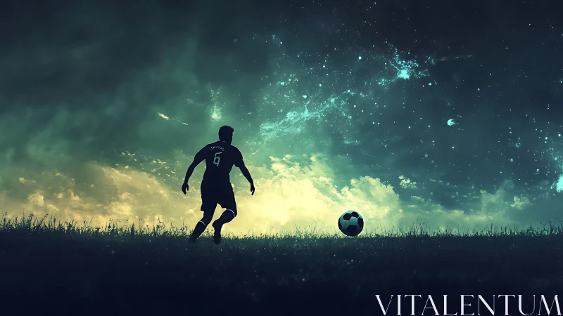 Silhouetted footballer under cosmic night sky panorama.