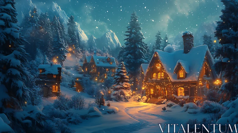 Snow-covered forest village scene shows lit houses at dusk