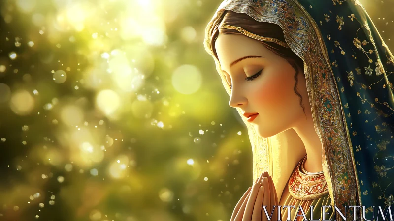 Devout woman in ornate veil praying in golden light.