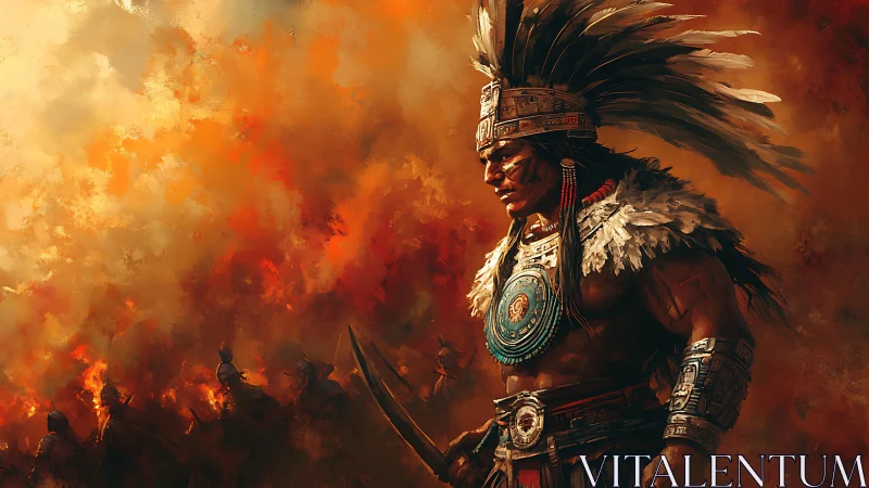 Warrior chief in plumed headdress amid blazing battlefield.