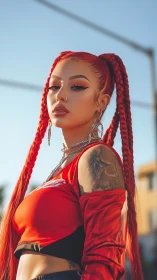 Street portrait highlights bold red braids and tattoos.