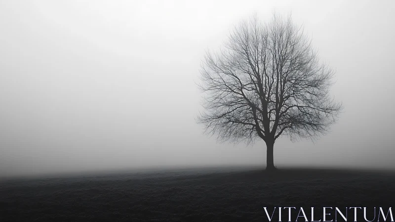 Solitary deciduous tree in dense winter fog on flat moorland