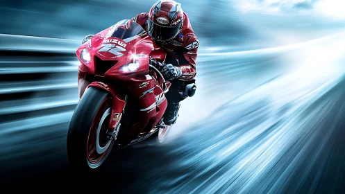 Red superbike racer cutting through a blur of blue speed.