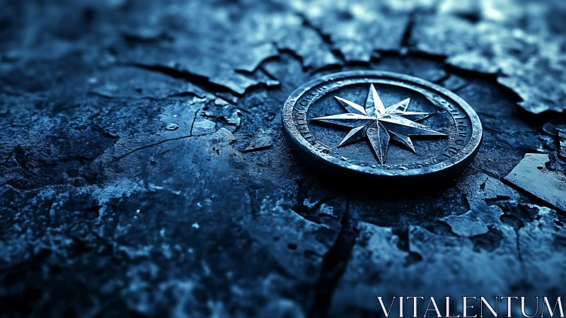 Metallic compass emblem on fractured blue textured ground.