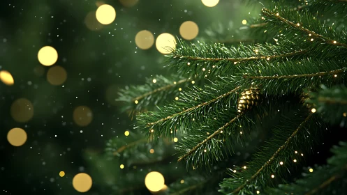 Evergreen branch with lights and gold pine cone details.