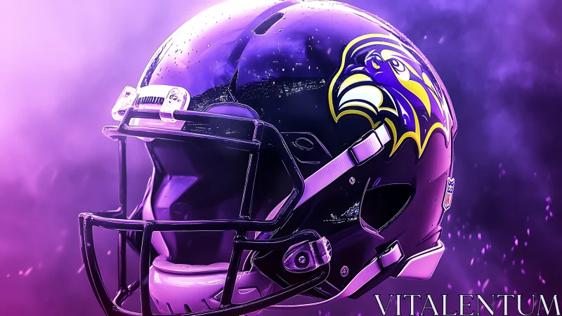 3D-rendered purple football helmet in neon vapor haze.