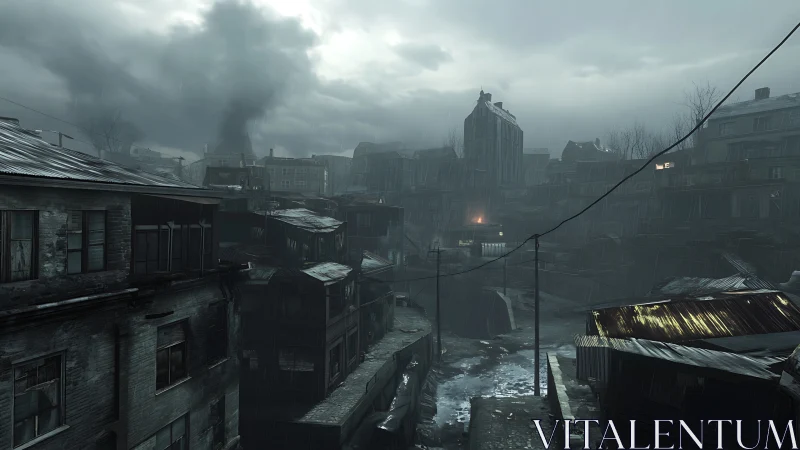 Rain-soaked industrial slum under smoky storm clouds.