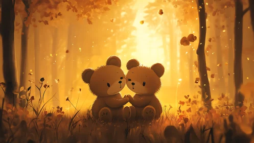 Two Bears Embrace in Golden Autumn's Glowing Reverie.