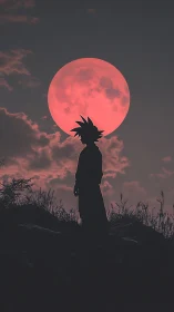Silhouetted figure before large red full moon at dusk.
