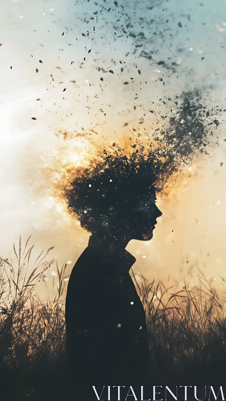 Silhouette dissolves into skyward particles at golden dusk.