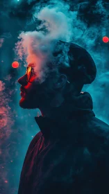 Neon-contrasted profile in volumetric vapor and bokeh field.