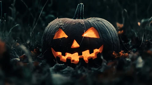 Brooding jack o’lantern grins through twilight garden gloom.