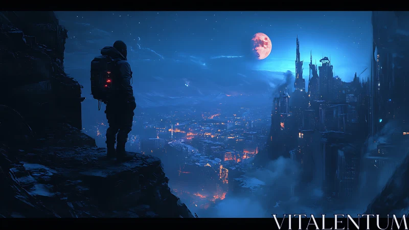 Solitary explorer overlooking neon-lit dystopian megacity at dusk