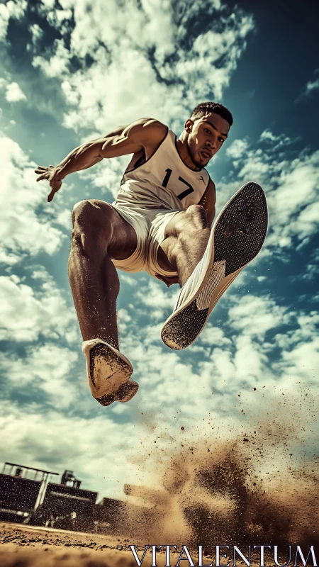 Sky-kicking long jumper frozen mid-flight over dusty thunder.
