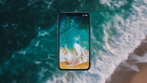 Ocean waves pour through a floating smartphone window