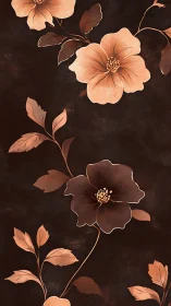 Brown floral pattern with peach blossoms on dark background.