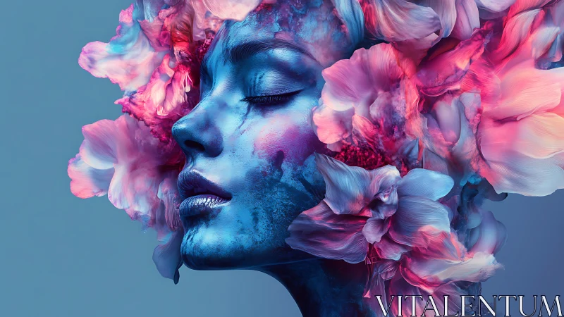 Iridescent portrait merges blue visage with neon petals.