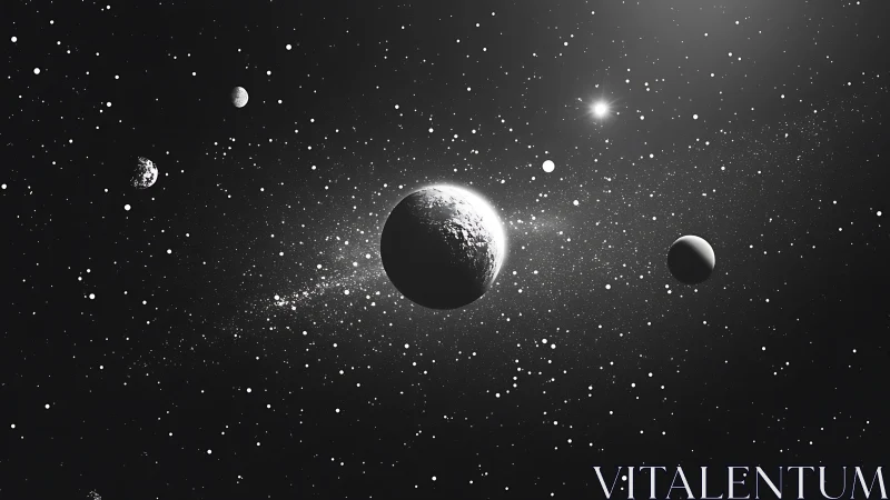Monochrome planetary bodies are positioned in a star field