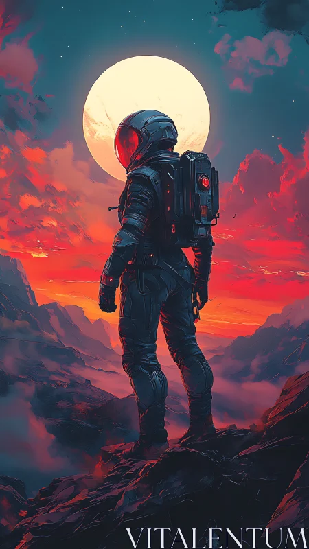 Solitary astronaut observes large moon over rocky valley