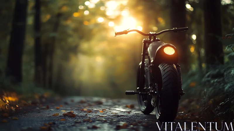 Motorcycle on forest road at sunset with illuminated brake light.