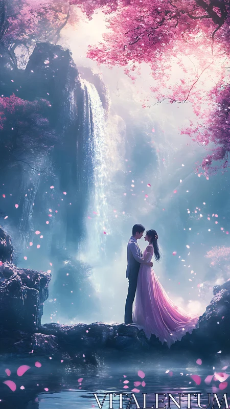 Couple at waterfall with pink blossoms and particles.