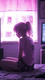 Solitary anime girl sits in neon pink-lit bedroom interior.