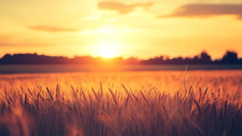 Sunlit wheat field glowing under warm golden sunset sky.