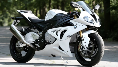 White BMW sport motorcycle shows sharp aerodynamic bodywork.