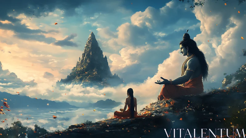 Mystic mountain meditation unites divinity with serene skies