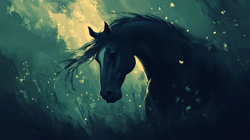 Silhouetted black horse emerges against luminous forest bokeh