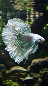 White betta fish with flowing fins in lush aquascape.